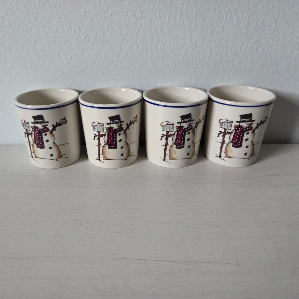 VTG Meiwa Winter Skies Natural Glaze Stoneware Votive Holder Set Xmas Snowman